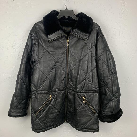 Otello Pelle Leather Jacket Mens Large Black Quilted Zip Faux Fur Collar Pockets